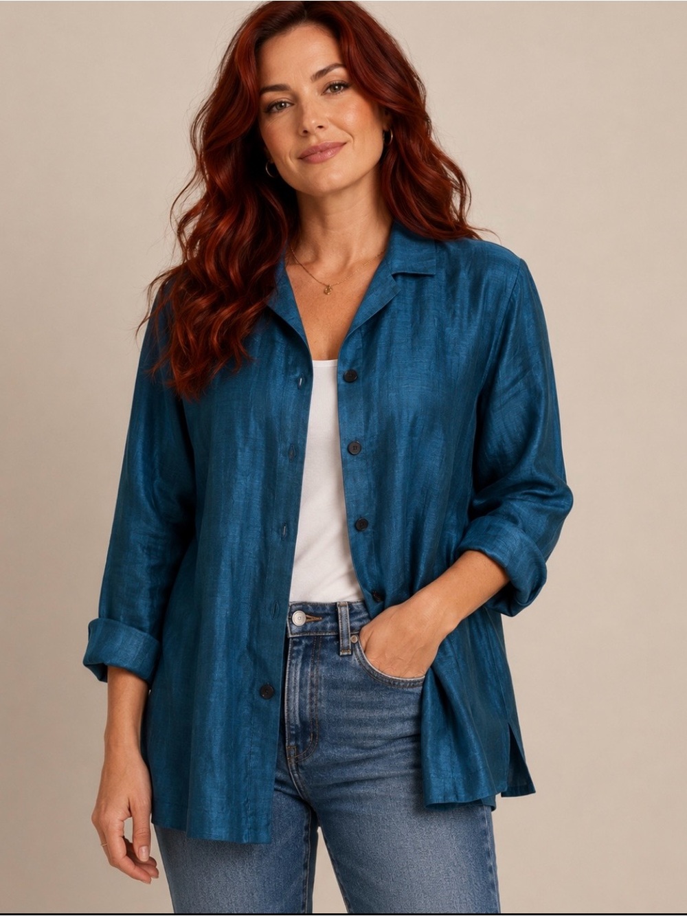 Vintage Dana Buchman Made in Italy Blue Iridescent Linen Button-Up Jacket/Tunic